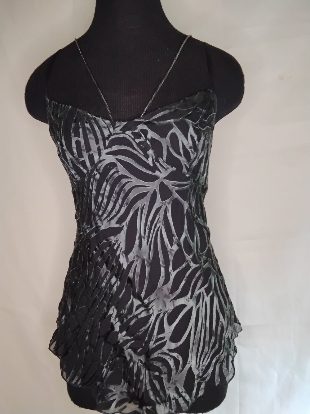 Armani Exchange Black and Silver Leaf-Print Spaghetti-Strap Tank